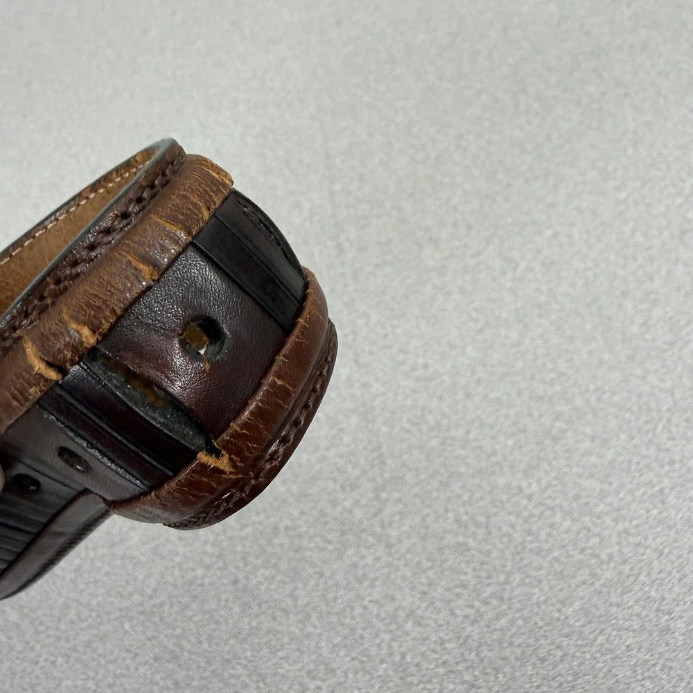Mezlan Belt Mens 34 Brown Leather Dress Striped Texture Silver Buckle 1.25 *FLAW